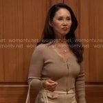 Li’s beige pants and zip up cardigan on The Bold and the Beautiful