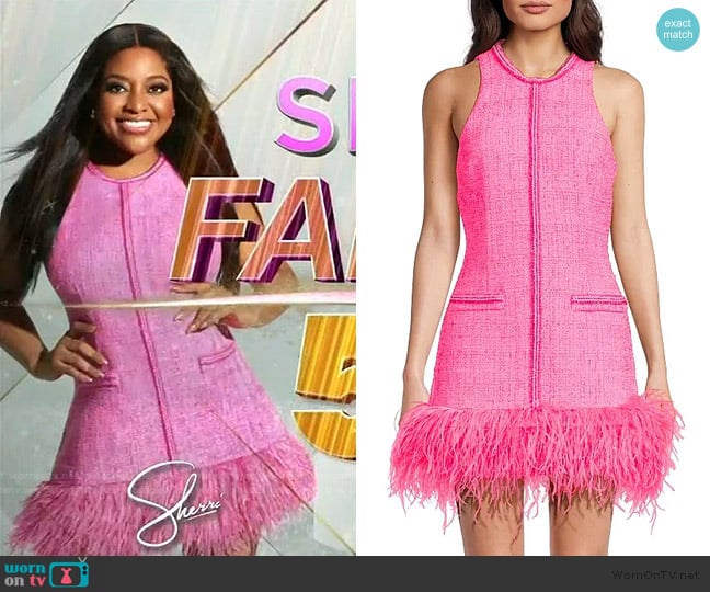 Sherri’s pink tweed feather trim dress on Sherri