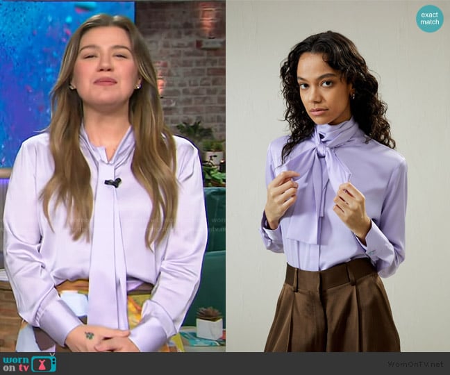 Kelly’s lavender tie neck blouse on The Kelly Clarkson Show