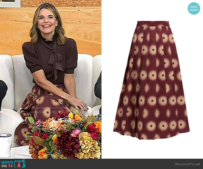 Lingua Franca Williams Pleated Faille Midi-Skirt in Bordeaux Multi worn by Savannah Guthrie on Today