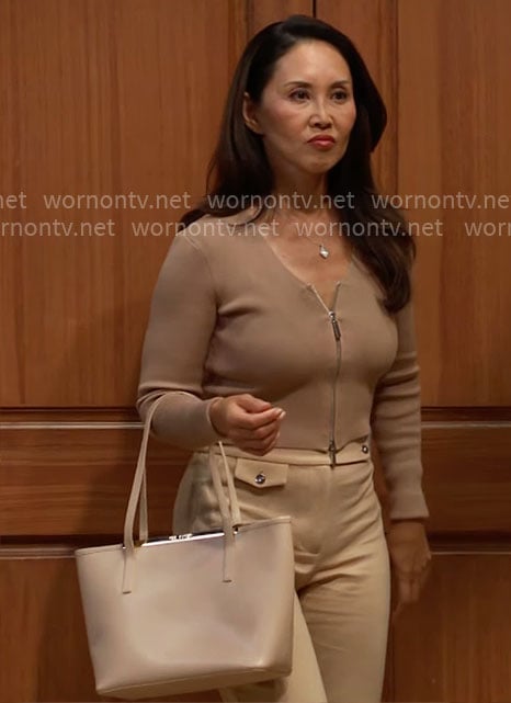 Li’s beige pants and zip up cardigan on The Bold and the Beautiful