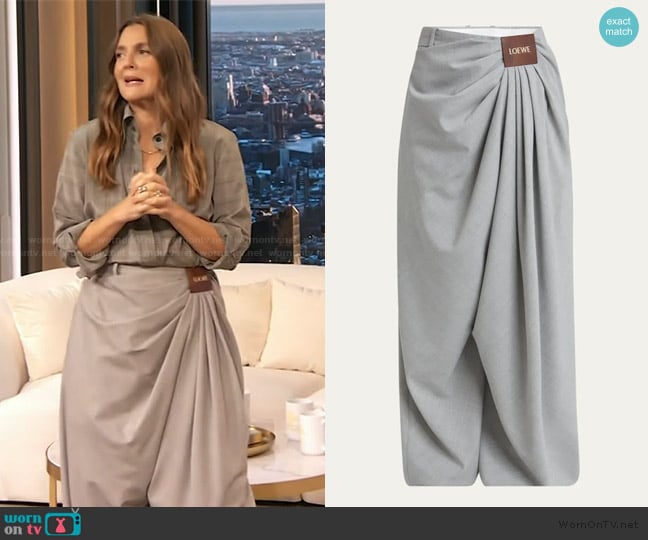 Loewe Draped Loose Wool-Blend Trousers worn by Drew Barrymore on The Drew Barrymore Show