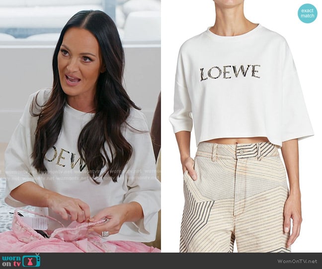 Loewe x Paula's Ibiza Raffia Logo Crop T-shirt worn by Lisa Barlow on The Real Housewives of Salt Lake City