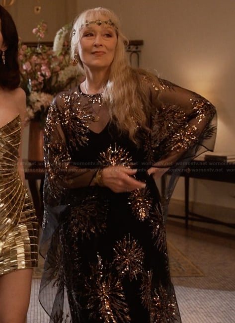 Loretta's black sheer embellished dress on Only Murders in the Building