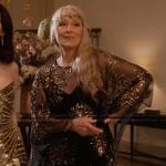 Loretta’s black sheer embellished dress on Only Murders in the Building