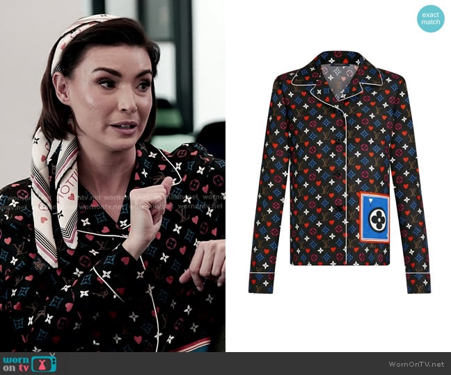 Louis Vuitton Game On Card Pocket Silk Pajamas Top worn by Bronwyn Newport on The Real Housewives of Salt Lake City