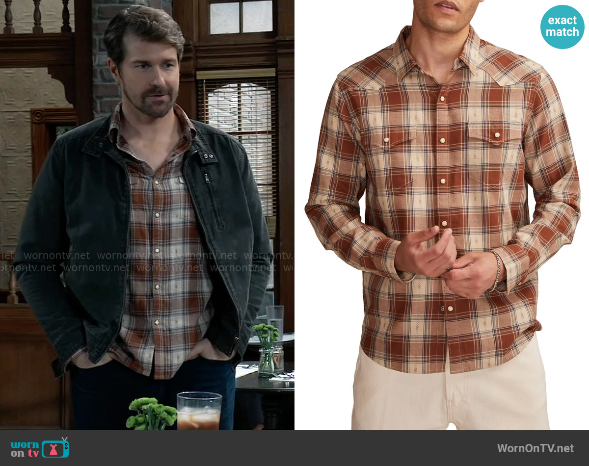 Lucky Brand Dobby Plaid Western Shirt in Rust Multi worn by Cody Bell (Josh Kelly) on General Hospital