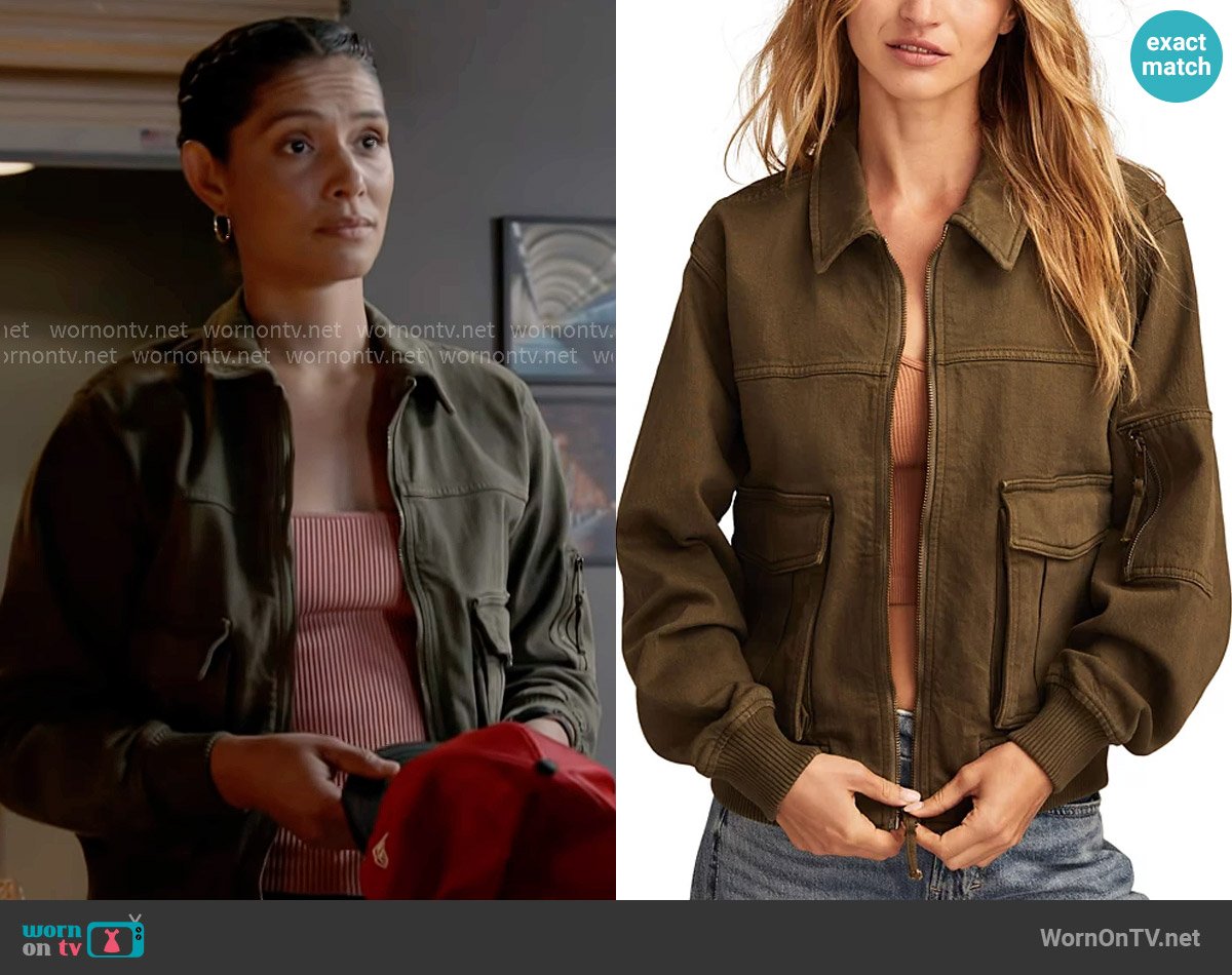 Lucky Brand Lucky Legend Cotton Bomber Jacket worn by Stella Kidd (Miranda Rae Mayo) on Chicago Fire