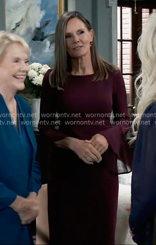 Lucy's burgundy bell sleeve dress on General Hospital