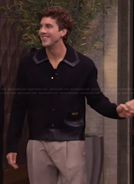 Lukas Gage's black leather trim jacket on Live with Kelly and Mark