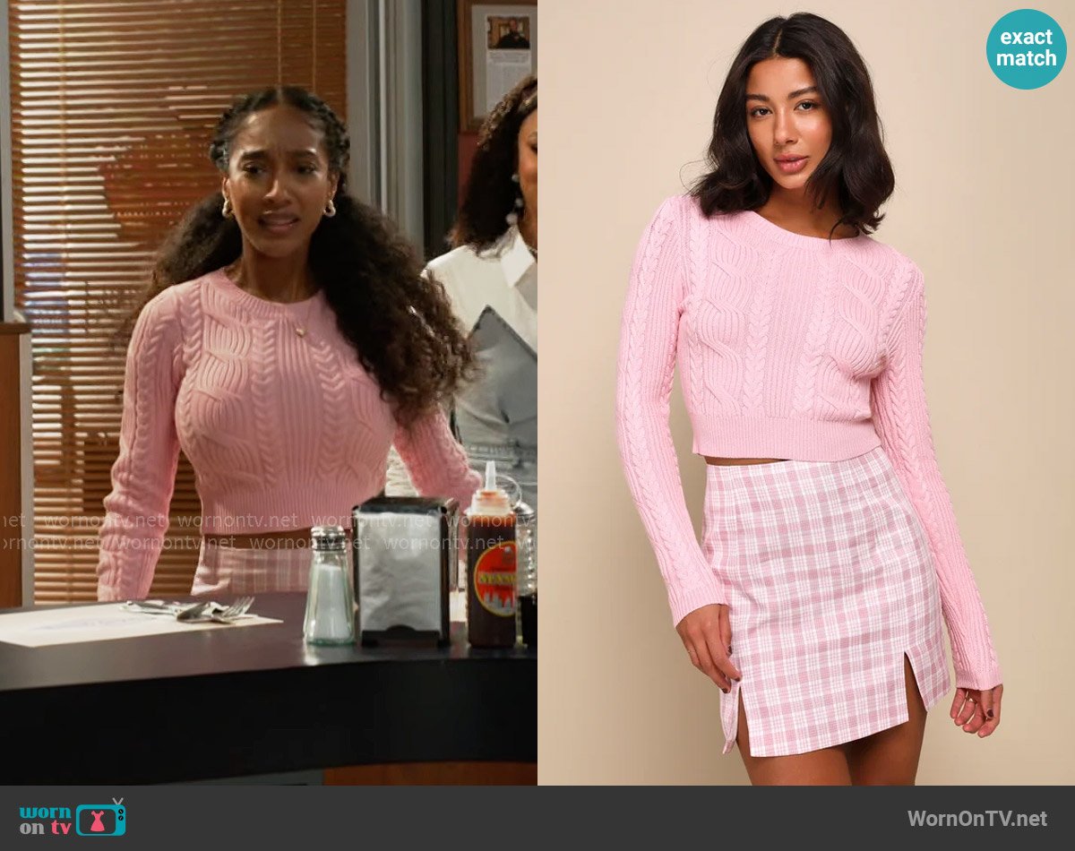 Lulus Cuddly Contentment Light Pink Cable Knit Cropped Sweater worn by Samantha Richardson (Najah Jackson) on Beyond the Gates