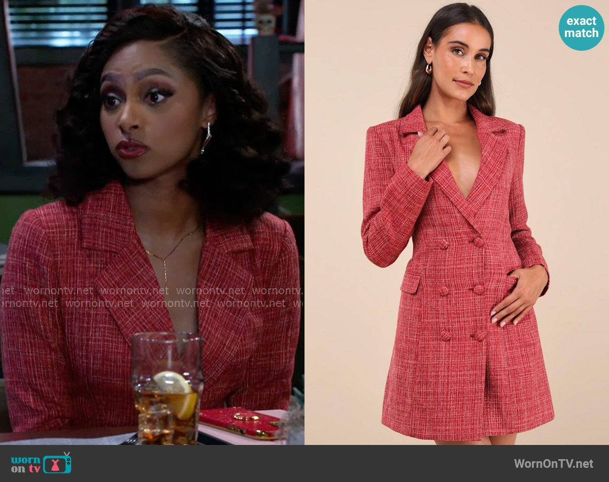 Lulus Deluxe Desire Red Tweed Long Sleeve Blazer Mini Dress worn by Kat Richardson (Colby Muhammad) on Beyond the Gates