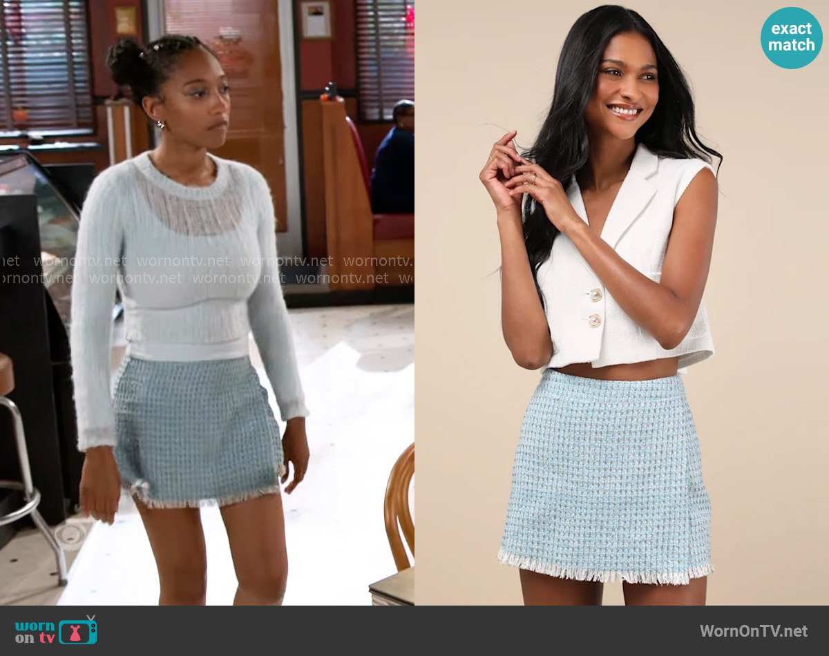 Lulus Incredibly Poised Blue Tweed Textured Mini Skort worn by Samantha Richardson (Najah Jackson) on Beyond the Gates