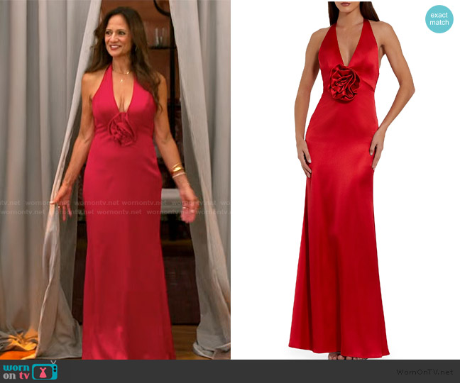 Mac Duggal Fitted Satin Sleeveless Halter Gown With 3D Flower worn by Cheryl on The Golden Bachelor