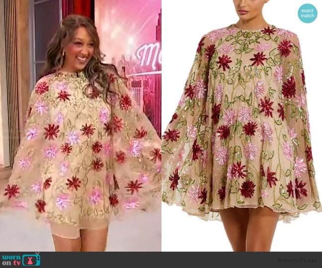 Mac Duggal Floral Beaded Mesh Shawl Mini Dress worn by Tamera Mowry-Housley on Sherri