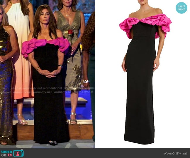 Mac Duggal Off-Shoulder Ruffle Gown worn by Terri Alani on The Golden Bachelor