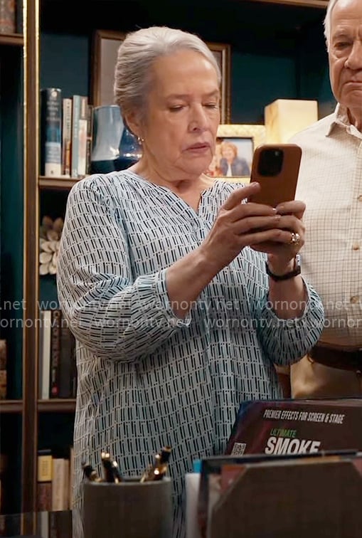 Madeline's blue and white printed top on Matlock