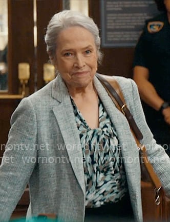 Madeline’s brushstroke print top and grey tweed blazer on Matlock