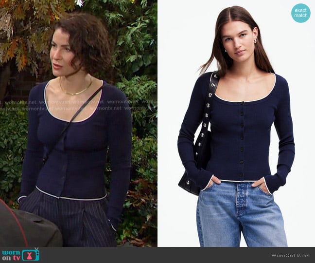 Madewell The Signature Knit Scoopneck Cardigan in Navy worn by Sarah Horton (Linsey Godfrey) on Days of our Lives