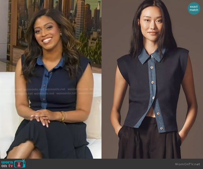 Morgan’s navy denim trim sleeveless top on GMA