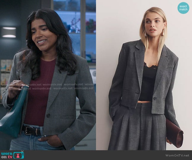 Maeve Crop Boxy Blazer in Grey Houndstooth worn by Kavita Mohanty (Anita Kalathara) on Greys Anatomy