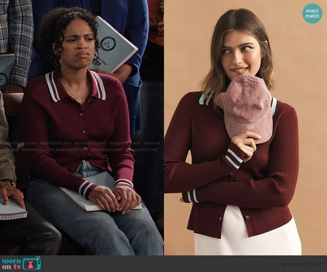 Maeve Plunging Polo Cardigan worn by Tasha Hoffman (Taylor Garron) on Abbott Elementary