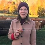 Maggie’s red dress and beige coat on Good Morning America