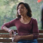 Maggie’s red scoop neck top and earrings on Greys Anatomy