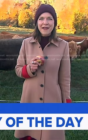Maggie's red dress and beige coat on Good Morning America