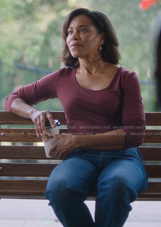 Maggie's red scoop neck top and earrings on Greys Anatomy