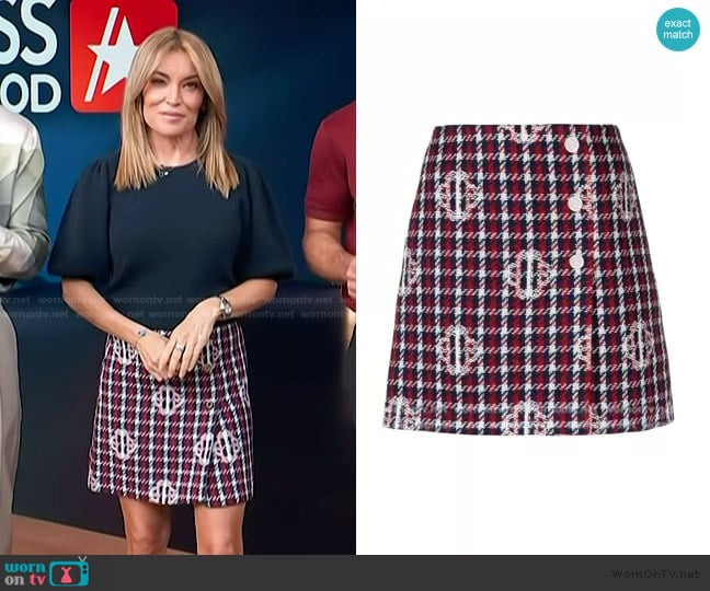 Maje Monogram-print plaid mini skirt worn by Kit Hoover on Access Hollywood