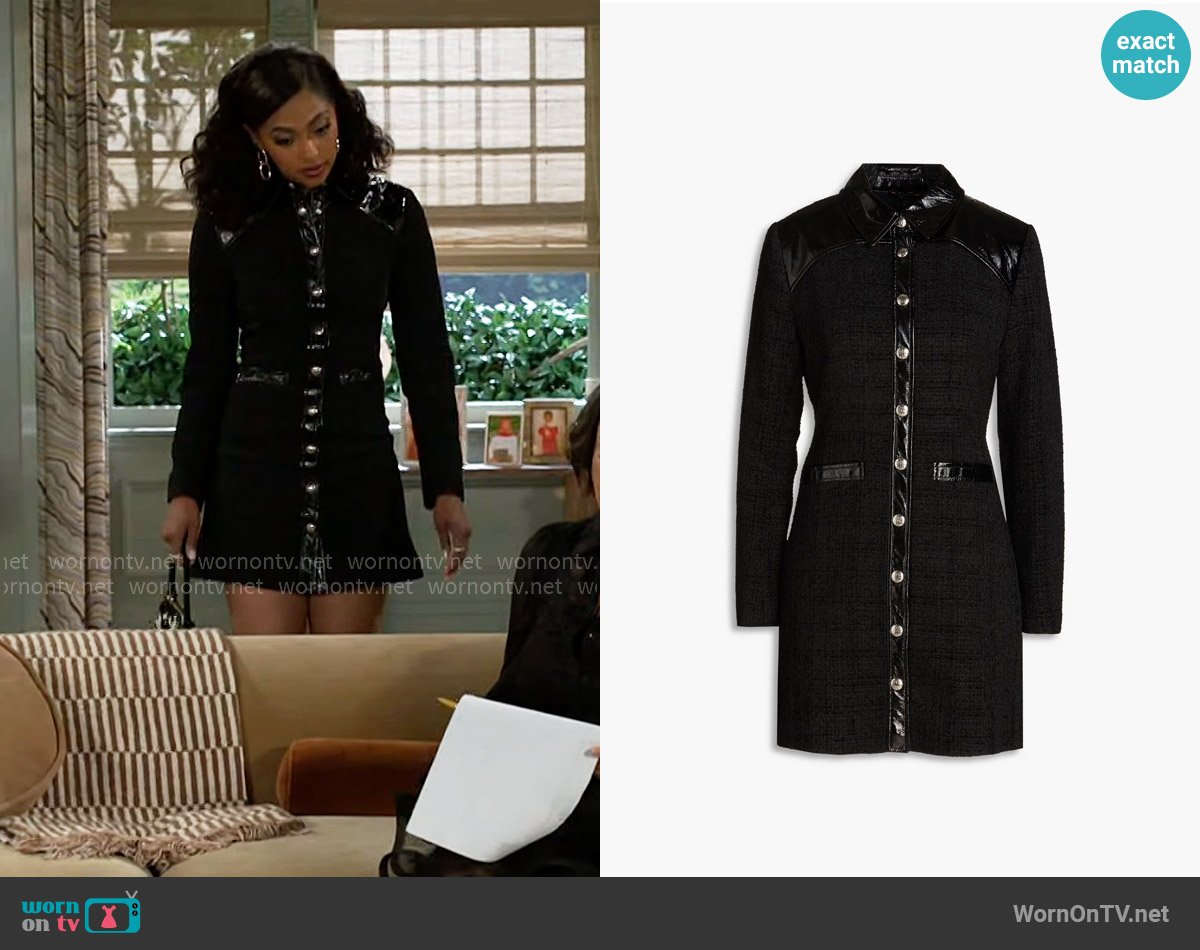 Maje Tweed mini shirt dress worn by Kat Richardson (Colby Muhammad) on Beyond the Gates