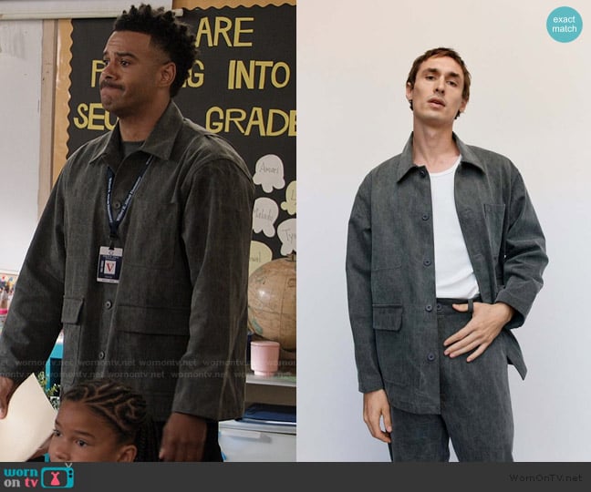 Man-Tle R18J2 Sumi Denim Jebok Jacket worn by Tariq (Zack Fox) on Abbott Elementary