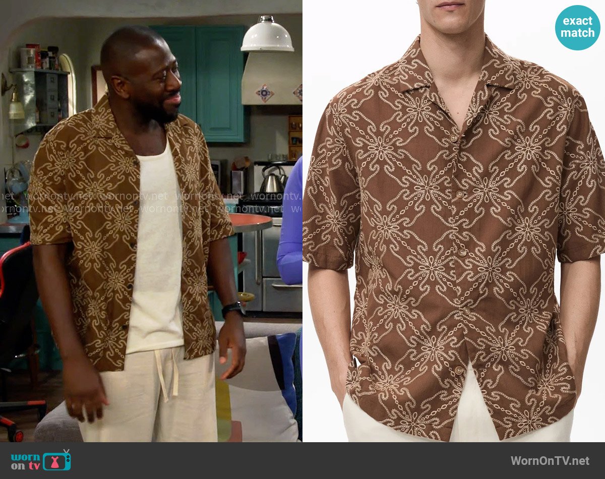 Mango Embroidered Cotton Blend Camp Shirt worn by Malcom (Sheaun McKinney) on The Neighborhood
