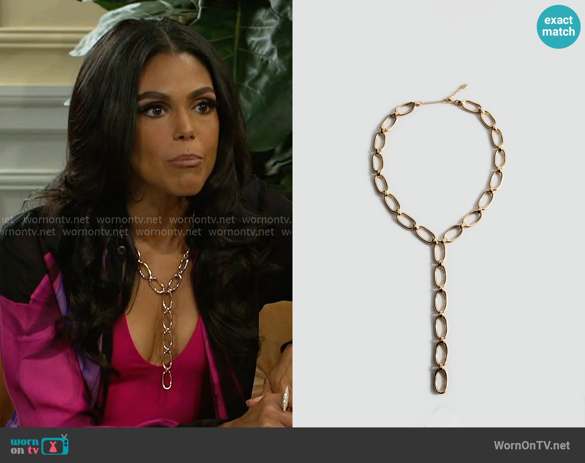 Mango Lariat-design necklace worn by Dani Dupree (Karla Mosley) on Beyond the Gates