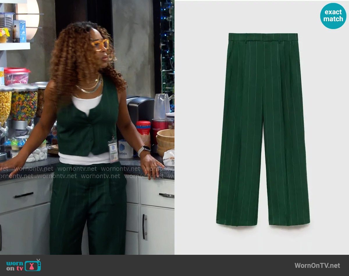 Mango Pinstripe Wide Leg Pants worn by Courtney (Skye Townsend) on The Neighborhood