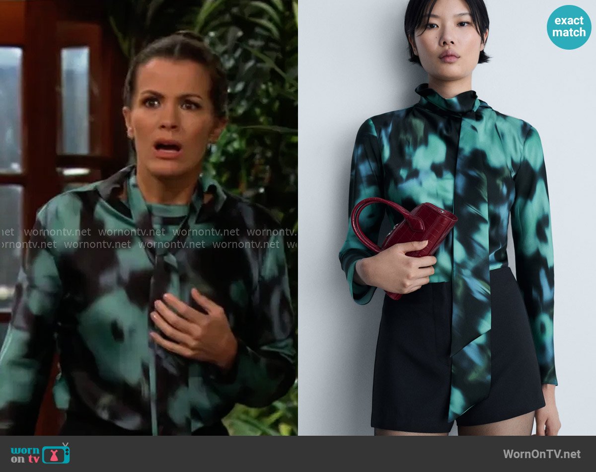 Mango Printed blouse with bow worn by Chelsea Lawson (Melissa Claire Egan) on The Young and the Restless