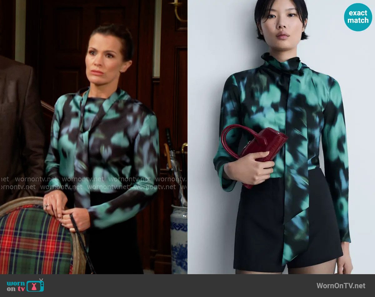 Mango Printed blouse with bow worn by Chelsea Lawson (Melissa Claire Egan) on The Young and the Restless