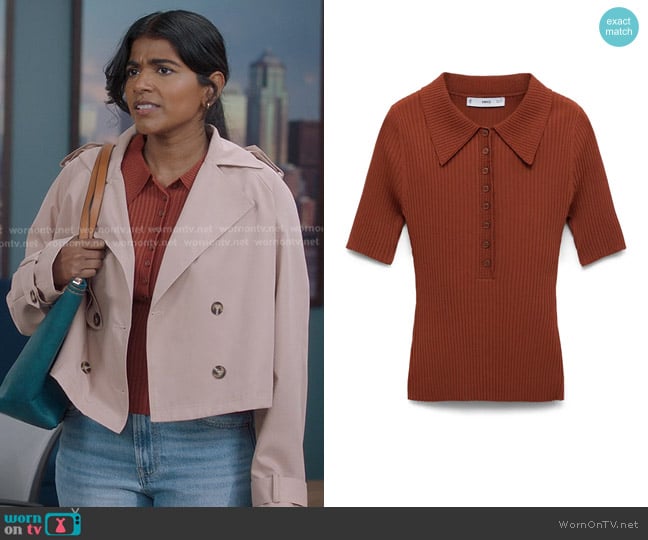 Mango Rib Short Sleeve Polo Sweater in Russet worn by Kavita Mohanty (Anita Kalathara) on Greys Anatomy