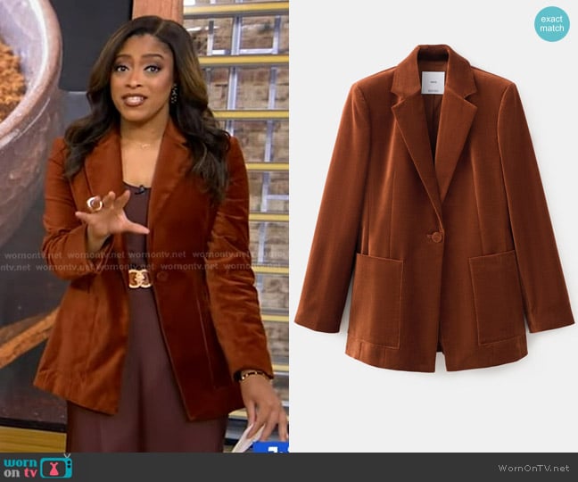 Mango Velvet Jacket with Pockets in Burnt Orange worn by Morgan Norwood on Good Morning America