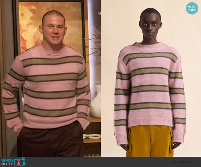 Marni Pink striped mohair and wool half-and-half sweater worn by Channing Tatum on The Drew Barrymore Show