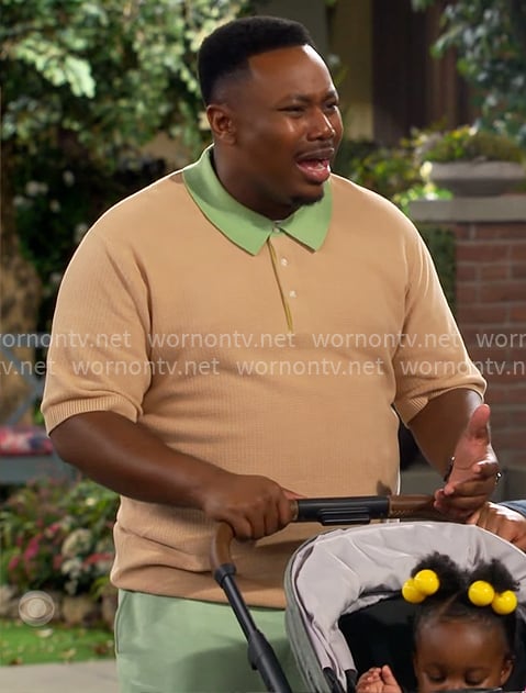 Marty's camel polo shirt with green collar on The Neighborhood