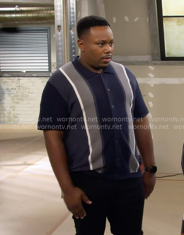 Marty's navy vertical stripe shirt on The Neighborhood