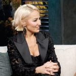 Mary Bonnet’s black lace blazer and pants on Access Hollywood