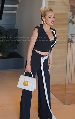 Mary's black contrast trim crop top and pants on Selling Sunset