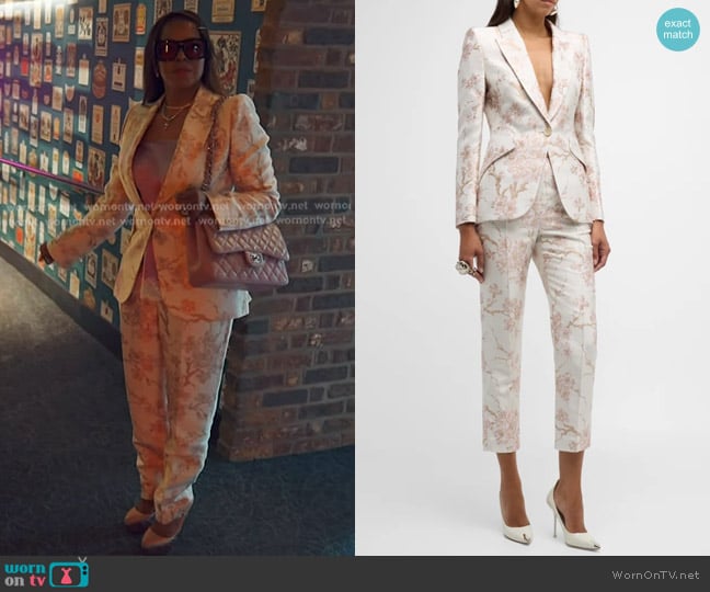 McQueen Cherry Blossom Jacquard Blazer Jacket and Pants worn by Mary Cosby on The Real Housewives of Salt Lake City