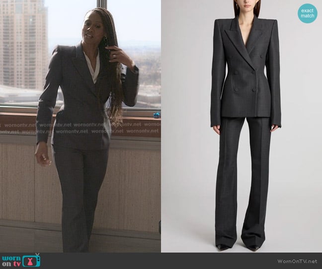 McQueen Glen Plaid Wool & Mohair Blazer and Bootcut Trousers worn by Jax Stewart (Emayatzy Corinealdi) on Reasonable Doubt