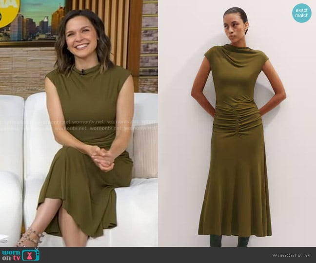 Me + Em High Neck Midi Dress in Deep Golden Olive worn by Maggie Rulli on Good Morning America