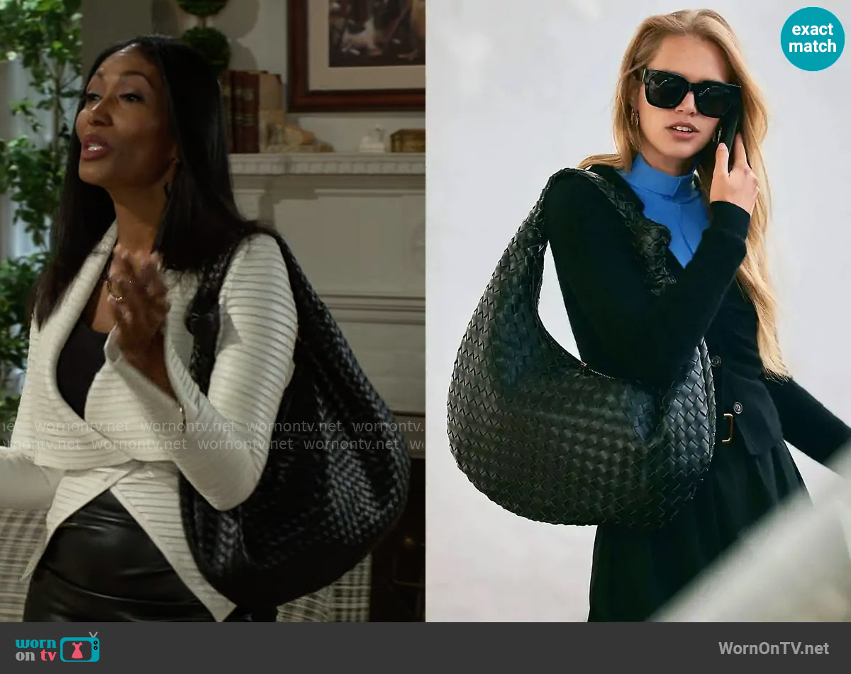 Melie Bianco The Brigitte Woven Faux-Leather Satchel Bag Oversized Edition worn by Dana 'Leslie' Thomas (Trisha Mann-Grant) on Beyond the Gates