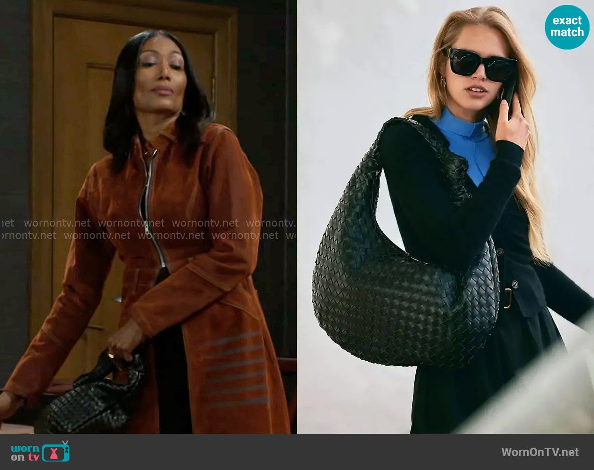 Melie Bianco The Brigitte Woven Faux-Leather Satchel Bag Oversized Edition worn by Dana 'Leslie' Thomas (Trisha Mann-Grant) on Beyond the Gates